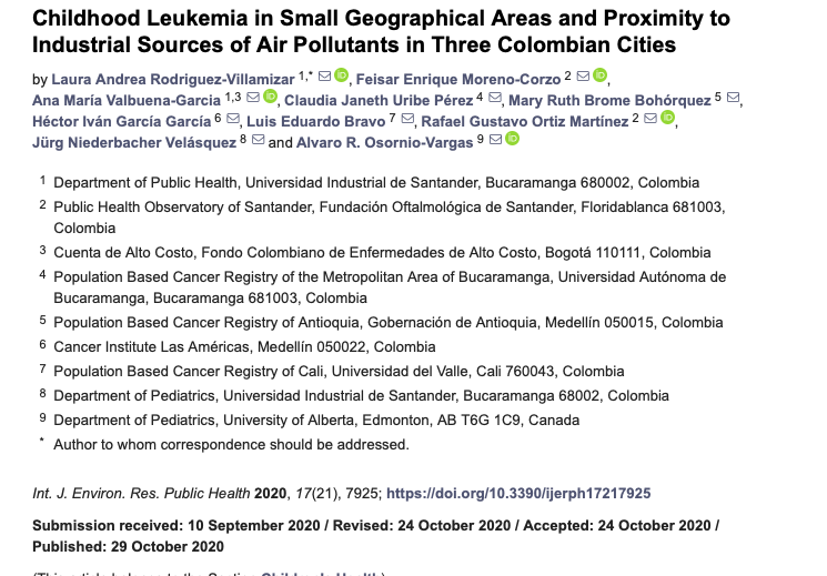 Childhood leukemia in small geographical areas and proximity to industrial sources of air pollutants in three Colombian cities