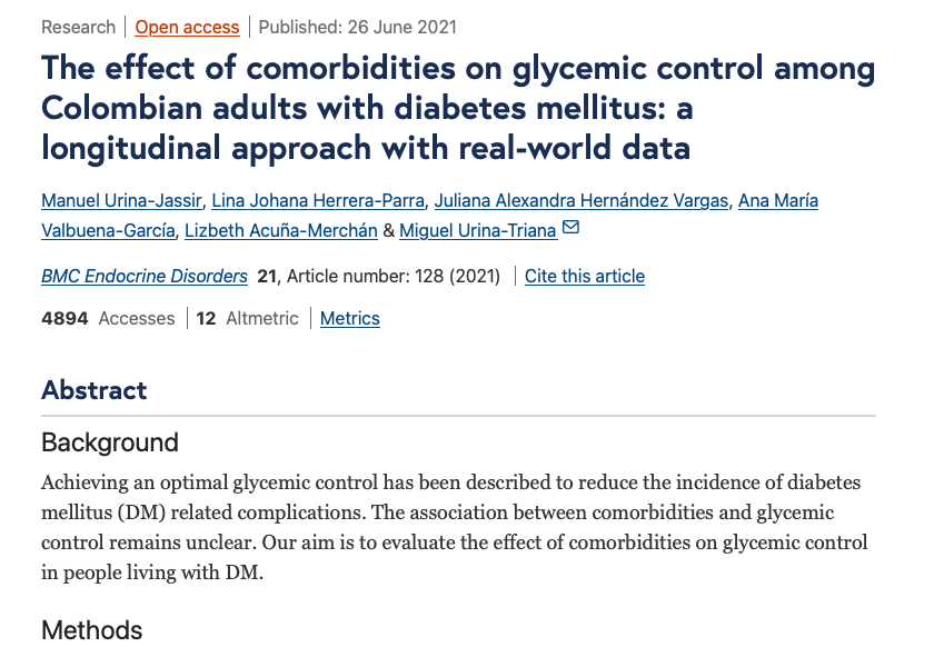 The effect of comorbidities on glycemic control among Colombian adults with diabetes mellitus: A longitudinal approach with real-world data